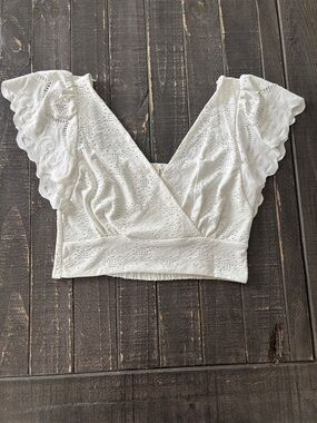 URBAN Romantics White Eyelet Wrap Crop Top with Scalloped Flutter Sleeves